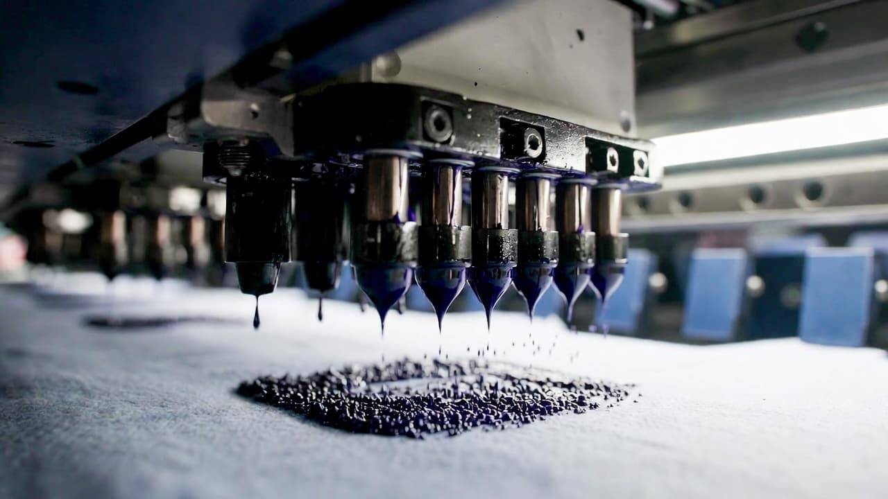 Close-up of DTG printer print head with micro nozzles ejecting ink droplets