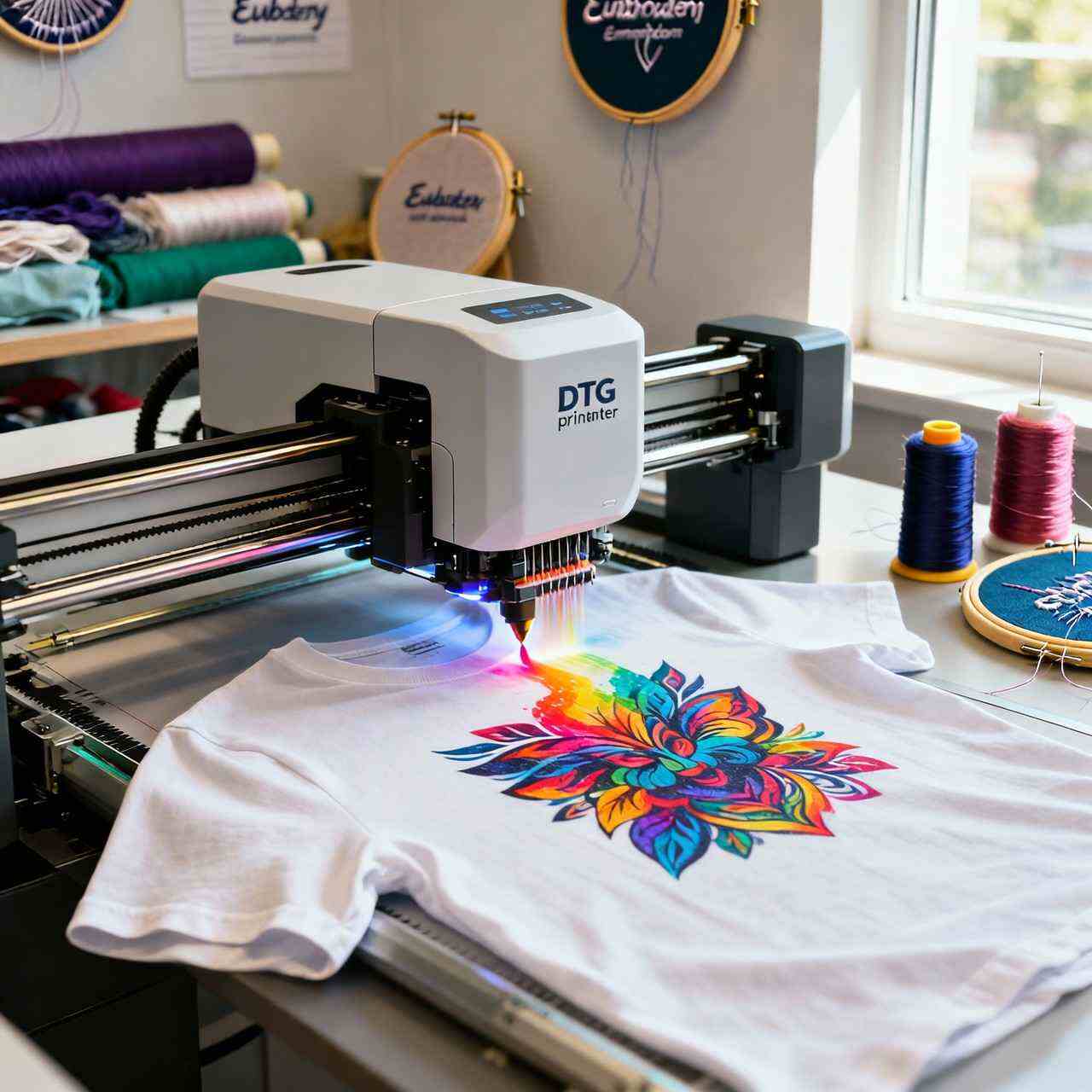DTG printer printing a colorful design on a t-shirt in a custom embroidery shop workspace