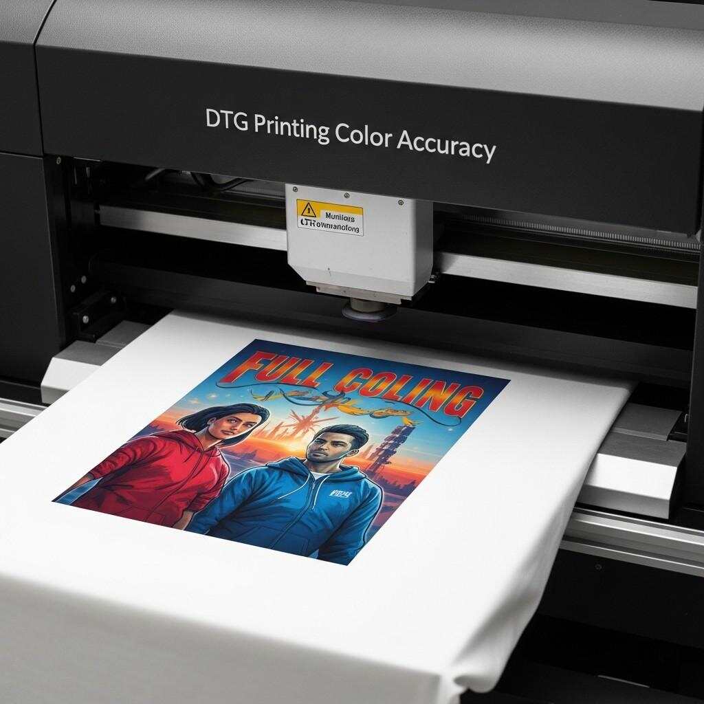 DTG printing process showing CMYK and white ink layers on fabric