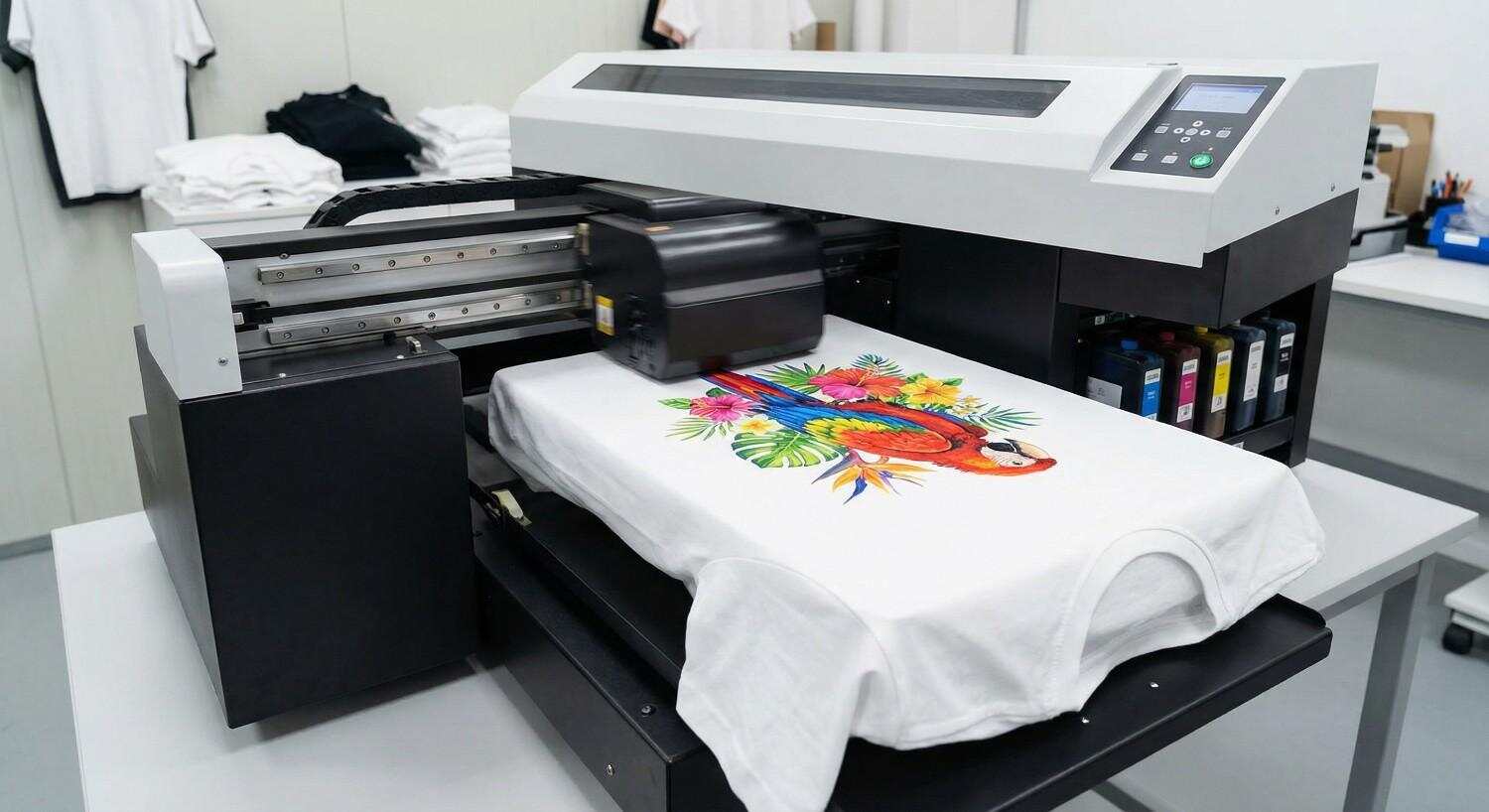 DTG printer printing a full-color design on a cotton t-shirt