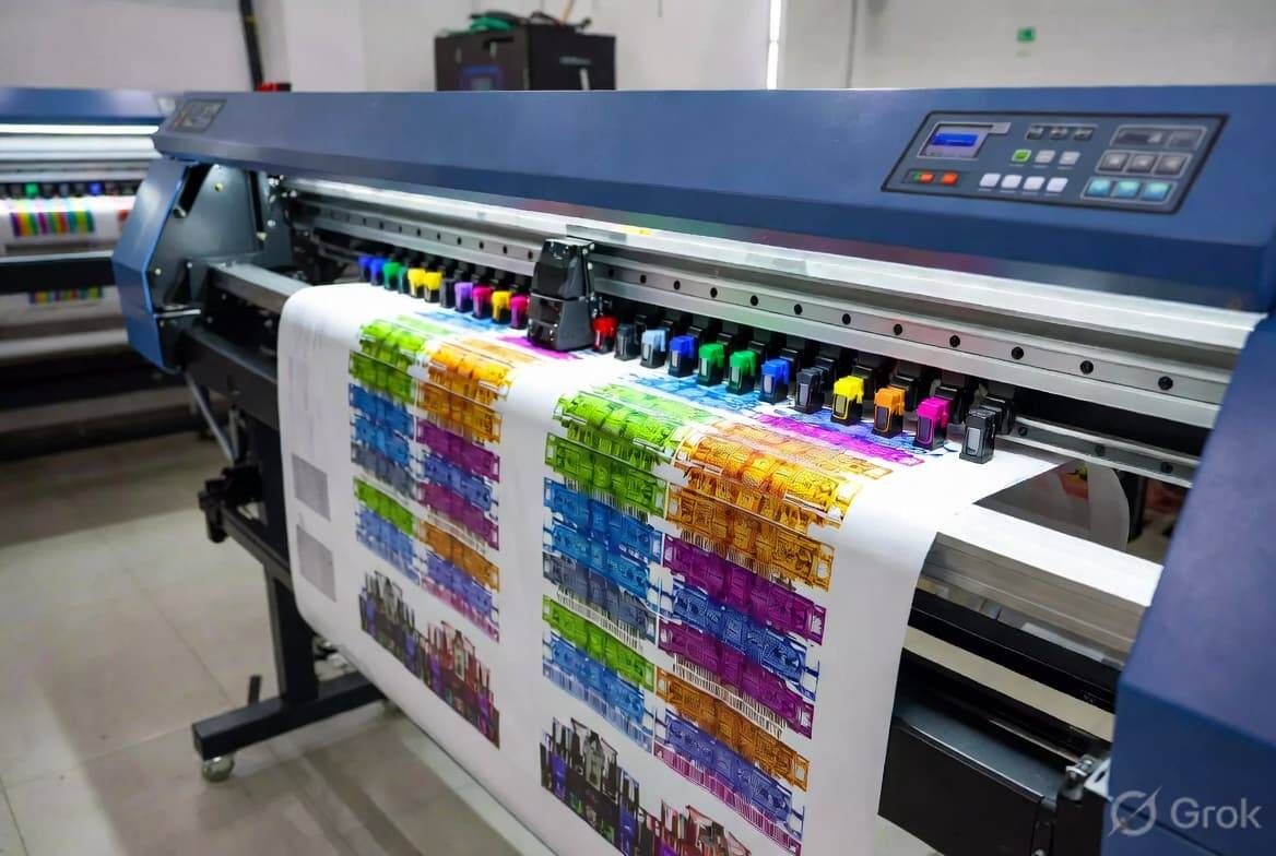 Roll-to-roll DTF printer printing colorful designs on transfer film