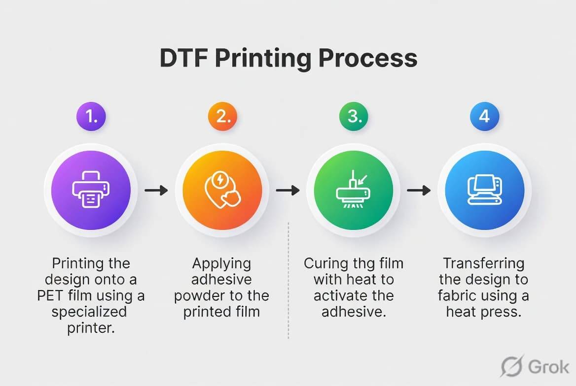 DTF printing process from film printing to heat press transfer on fabric